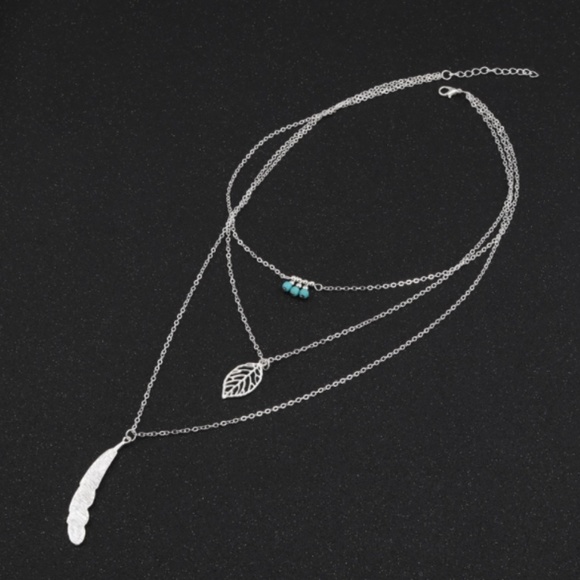 Boho Turquoise Leaf Feather Layered Necklace (#2) - Picture 11 of 13